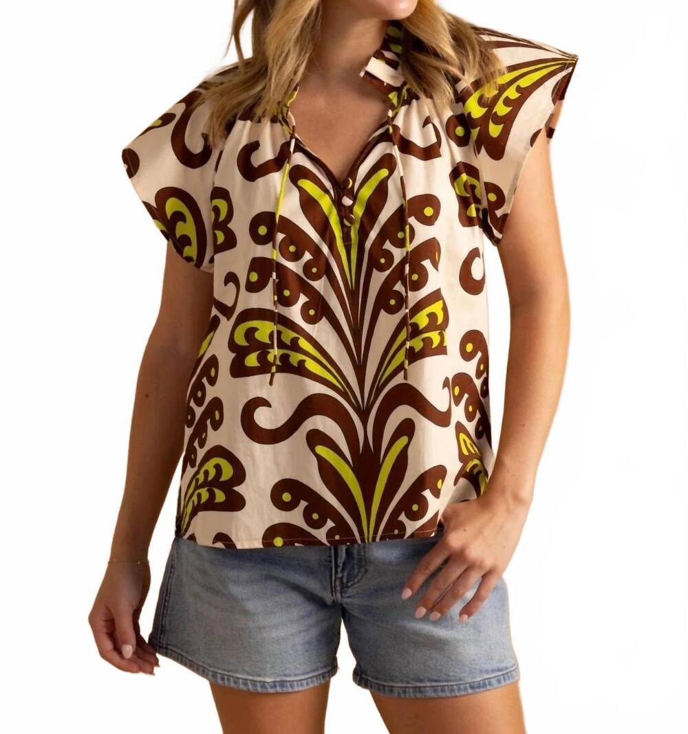 NEW DOUBLE A em flutter sleeve blouse in green and brown
